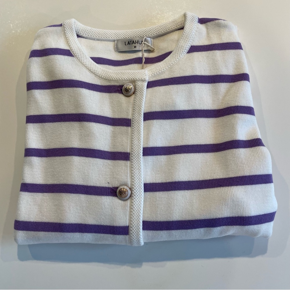 LATAHUO Women Gold Button Down Cardigan Lavender White Crew Neck size Medium